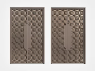 Elegant Brown Double Doors With Perforated Lattice Design And Vertical Central Panels 3d model