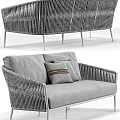 Modern Gray Fabric Sofa With Decorative Pillows Woven Armrests And Metal Frame