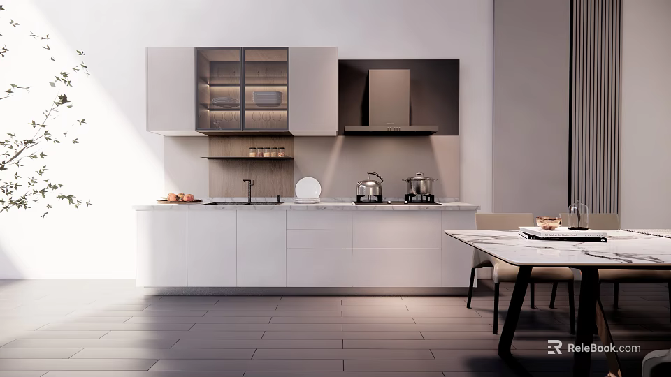 Modern Kitchen Interior Design With Light Grey Cabinets White Countertop And Dining Table 3d model