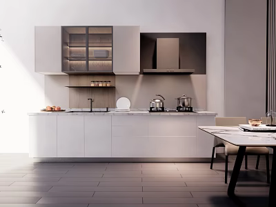 Modern Kitchen Interior Design With Light Grey Cabinets White Countertop And Dining Table 3d model