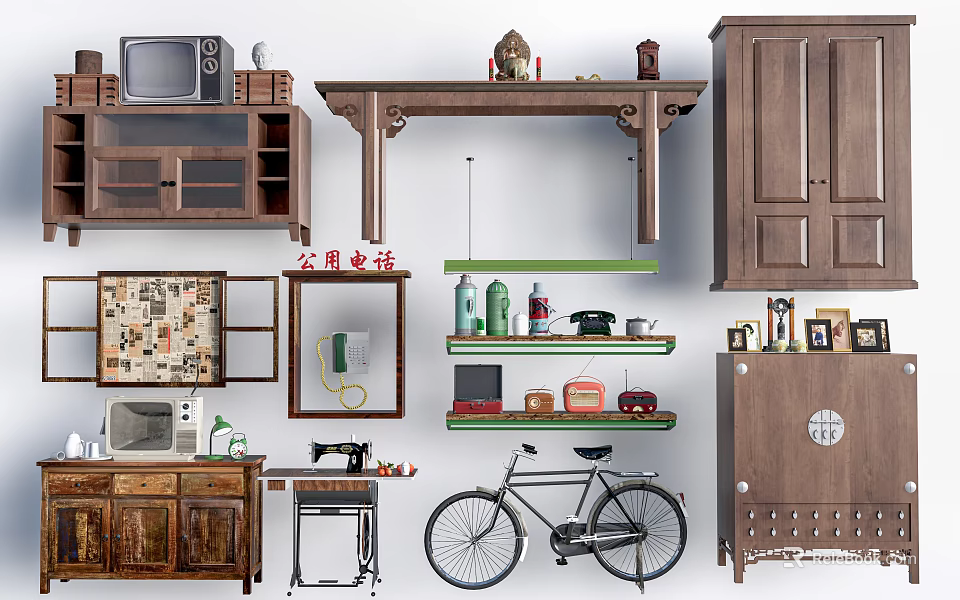 Vintage Decorative Ornaments and Furniture Collection Including Wooden Cabinet Bicycle Old TV and Shelf 3d model 