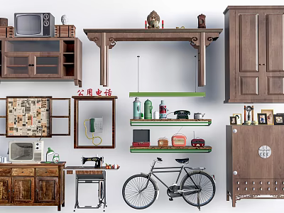 Vintage Decorative Ornaments and Furniture Collection Including Wooden Cabinet Bicycle Old TV and Shelf 3d model