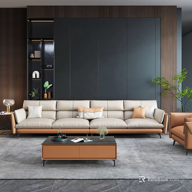 Modern Beige Sofa and Coffee Table Set with Colorful Cushions Wooden Top and Green Plants 3d model 