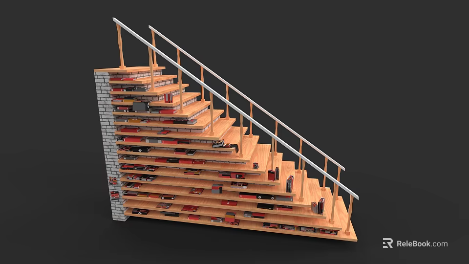 Wooden Staircase With Integrated Bookshelf Metal Handrail And Brick Wall Design 3d model 