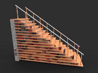 Wooden Staircase With Integrated Bookshelf Metal Handrail And Brick Wall Design 3d model