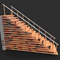 Wooden Staircase With Integrated Bookshelf Metal Handrail And Brick Wall Design