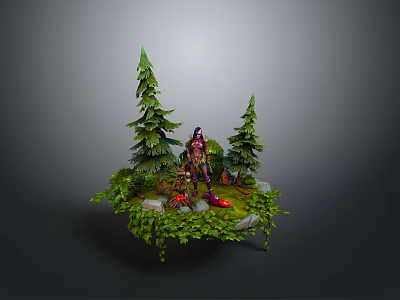 Game Fantasy Character 3D Model in Lush Grass with Pine Trees Mushrooms Stones and Vines 3d model