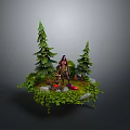 Game Fantasy Character 3D Model in Lush Grass with Pine Trees Mushrooms Stones and Vines