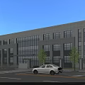Modern Office Building With Glass Facade Gray Exterior Walls Large Windows Trees And White Car