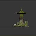 Japanese Stone Lantern Garden Scene With Moss Candles Stones And Green Plants