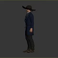 Man in blue coat green vest with wide-brimmed hat tie black pants brown boots holster