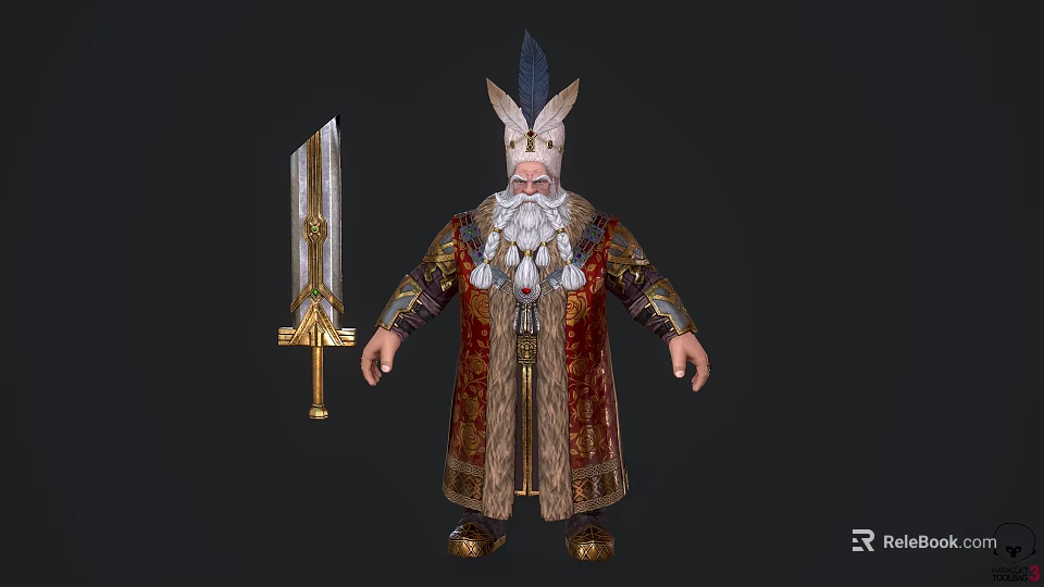 Elder Dwarf Warrior With Long White Beard Feathered Hat And Ornate Robe Holding Sword 3d model 