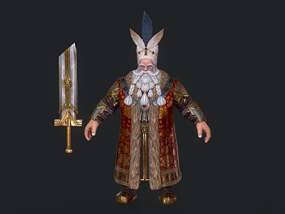 Elder Dwarf Warrior With Long White Beard Feathered Hat And Ornate Robe Holding Sword 3d model