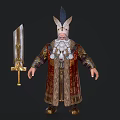 Elder Dwarf Warrior With Long White Beard Feathered Hat And Ornate Robe Holding Sword