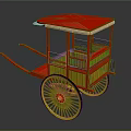 Traditional Red Rickshaw Design With Red Canopy Yellow Wheels And Wooden Frame