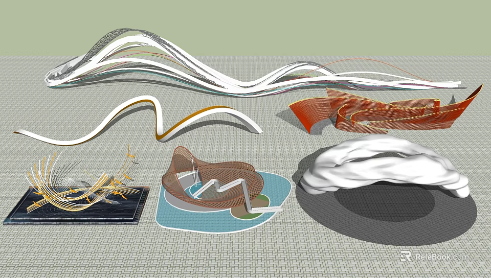 Modern Abstract Landscape Sculptures With Curved Lines And Diverse Colorful Forms 3d model 