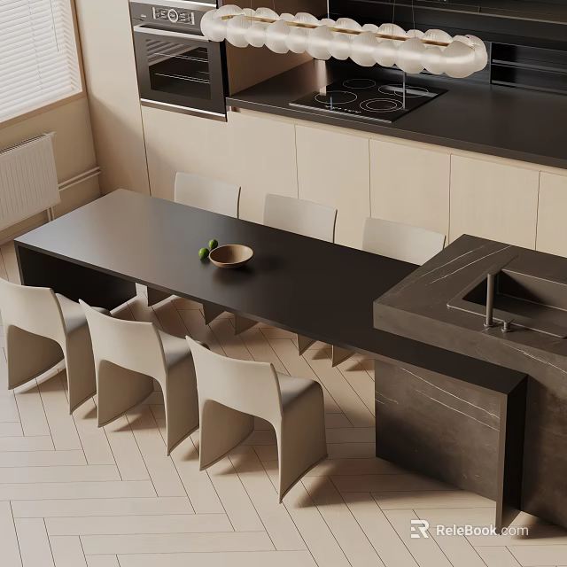 Modern Dining Table Set With Black Tabletop White Chairs And Fruit Bowl In Kitchen 3d model 
