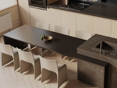 Modern Dining Table Set With Black Tabletop White Chairs And Fruit Bowl In Kitchen 3d model