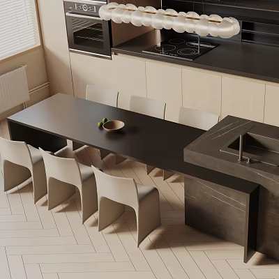 Modern Dining Table Set With Black Tabletop White Chairs And Fruit Bowl In Kitchen 3d model