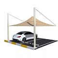 Beige Canopy Carport With Support Poles Covering White Car In Parking Space