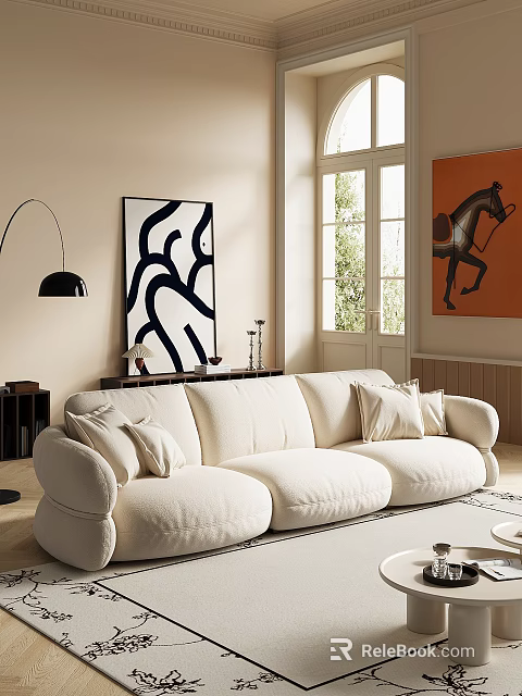 Beige Multi Seater Sofa With Cushions Modern Decor Abstract Paintings And Large Windows 3d model 