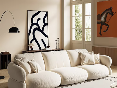 Beige Multi Seater Sofa With Cushions Modern Decor Abstract Paintings And Large Windows 3d model