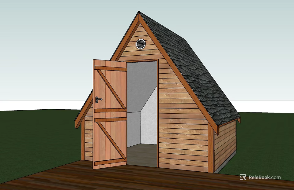Wooden Hotel Building Featuring Gabled Roof Black Shingles Open Door Small Window Green Grass Deck 3d model 