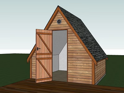 Wooden Hotel Building Featuring Gabled Roof Black Shingles Open Door Small Window Green Grass Deck 3d model