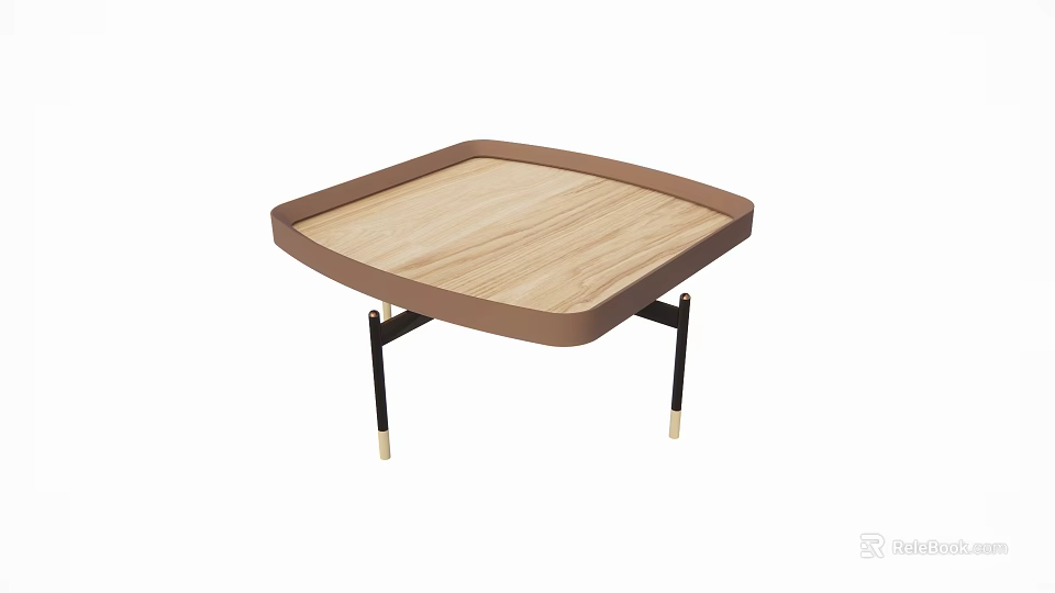 Modern Square Wooden Table and Chair Set with Brown Frame Black Legs Gold Accents 3d model 