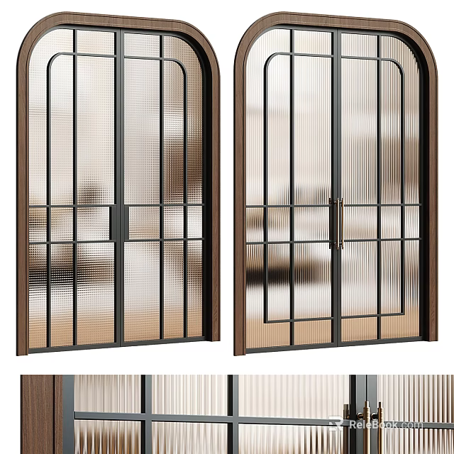 Modern Sliding Doors With Arched Design And Ribbed Glass Metal Frames 3d model 