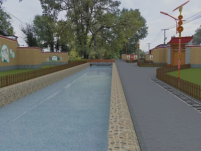 Traditional Commercial Street With Stone Lined Water Channel Green Trees And Street Lamps 3d model