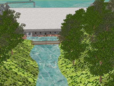 Concrete Dam Structure With Flowing River And Surrounding Green Trees 3d model