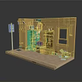 Small Grocery Store 3D Model Scene With Green Door Orange Walls And Parking Sign