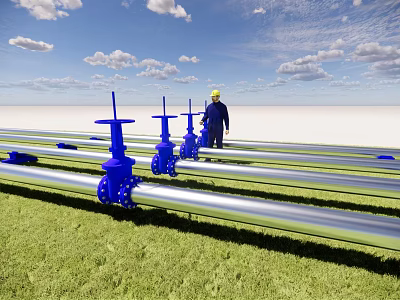Industrial Equipment Pipes and Valves with Worker in Yellow Hard Hat Under Blue Sky 3d model