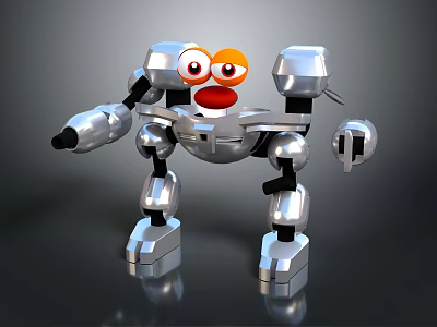 3D Cartoon Robot Character With Silver Metallic Body And Big Red Eyes Design 3d model