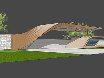 Modern Entrance Gate With Curved Wooden Structure Green Plants And White Brick Wall 3d model