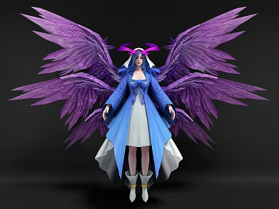 Game Movie Character Featuring Purple Wings Blue White Outfit And Pink Headpiece 3d model