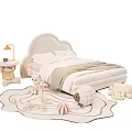 Cream Kids Bed with Cloud Shaped Headboard Stuffed Toys Nightstand Lamp and Rug