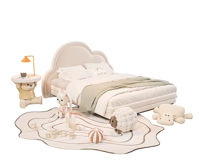 Cream Kids Bed with Cloud Shaped Headboard Stuffed Toys Nightstand Lamp and Rug 3d model