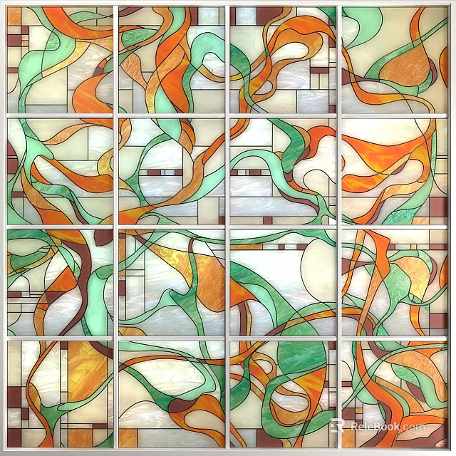 Stained Glass Artwork with Colorful Curved Patterns in Orange Green and Brown Tones 3d model 