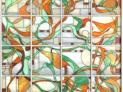 Stained Glass Artwork with Colorful Curved Patterns in Orange Green and Brown Tones 3d model