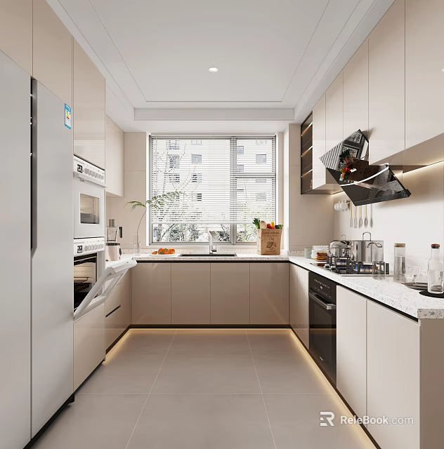 Modern Minimalist Kitchen Interior Design With White Cabinets Countertop And Appliances 3d model 