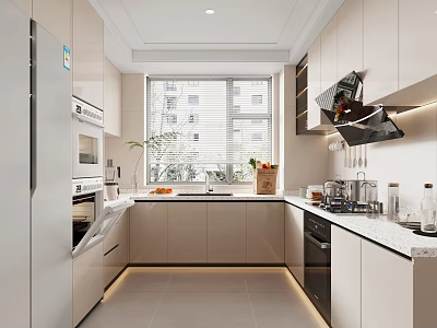 Modern Minimalist Kitchen Interior Design With White Cabinets Countertop And Appliances 3d model
