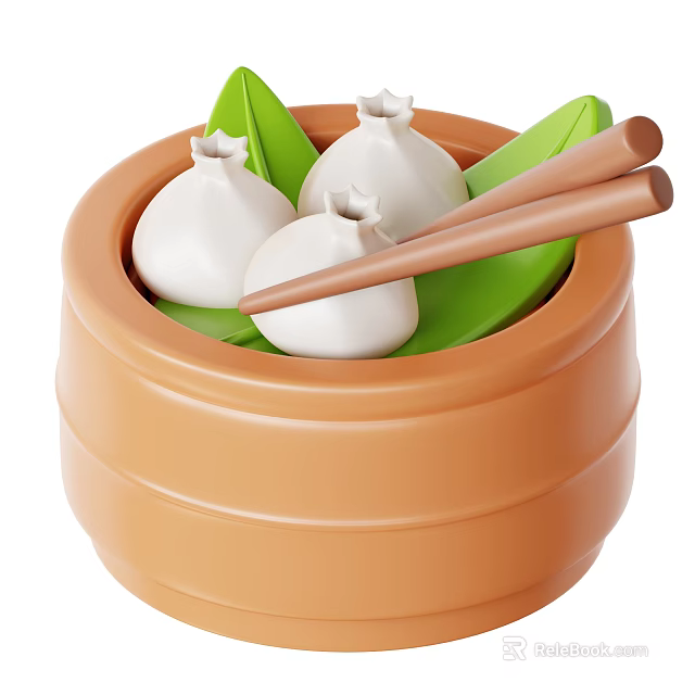 Three White Steamed Buns Served in Brown Bamboo Steamer with Green Leaves and Chopsticks 3d model 