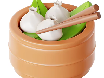 Three White Steamed Buns Served in Brown Bamboo Steamer with Green Leaves and Chopsticks 3d model