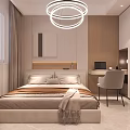 Modern Bedroom Interior With Upholstered Bed Circular Pendant Light Decorative Mirror And Area Rug