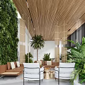 Modern Casual Lounge Area With Wooden Ceiling Living Plant Wall Bamboo Screens And Palm Trees