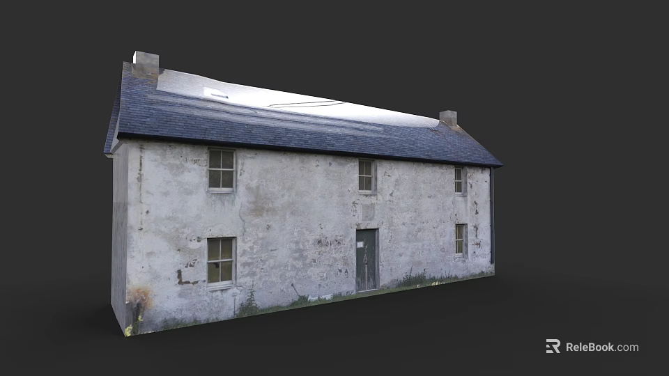 Old Detached Villa With White Weathered Walls Dark Roof And Chimney 3d model 