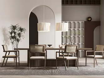 Qui Ji Restaurant Dining Table and Chair Combination Restaurant Chandelier Green Plant Ornaments Dining Table Ornaments Decorative Cabinet 3d model