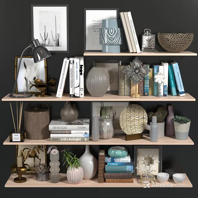 Decorative Items Collection on Multi Layered Shelves with Books Vases Lamp Photo Frames and Plants 3d model 